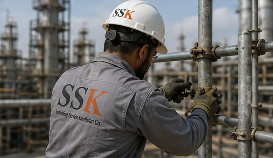 SSK scaffolder tightening a coupler on site